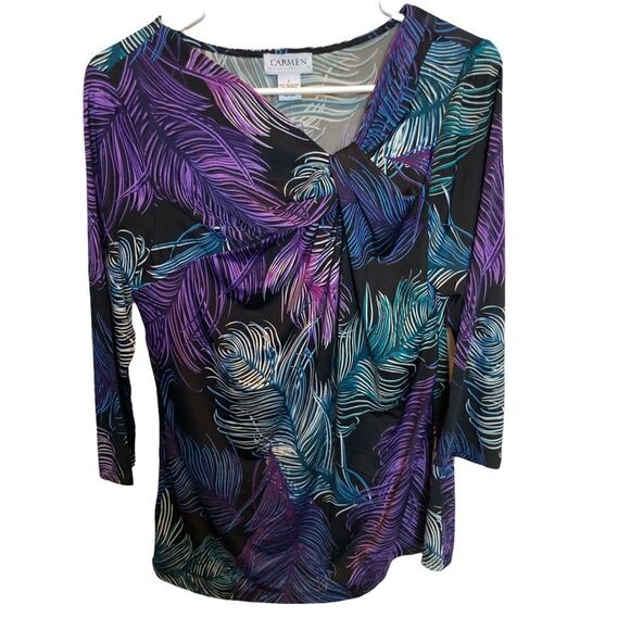 Carmen beautiful multi-color blouse 3/4 sleeve blk/purp/grn twist at neck NWT L - Picture 1 of 7